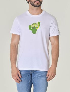 T-shirt bianca mezza manica in jersey di cotone con stampa cactus