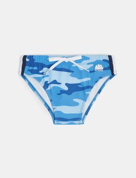 Costume slip azzurro camouflage in tessuto tecnico stretch 2-10 anni