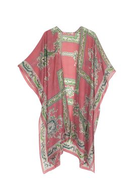Kimono media lunghezza rosa in cupro e modal a stampa foulard con disegni a motivo cashmere verdi