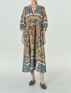 Abito lungo ampio color ocra in puro cotone a fantasia afro moro e turchese con maniche raglan