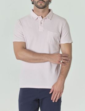 Polo rosa a mezza manica in misto lino e pima cotton con taschino sul petto