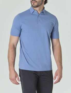 Polo color avio mezza manica in crêpe di puro cotone a tinta unita
