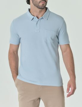 Polo azzurra mezza manica in misto lino e pima cotton con taschino sul petto