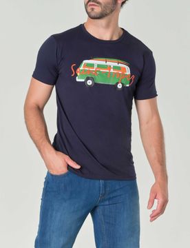 T-shirt blu in puro cotone con stampa van verde e scritta color arancio ricamata sul davanti