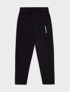 Pantalone nero in felpa di cotone con coulisse e logo gommato azzurro