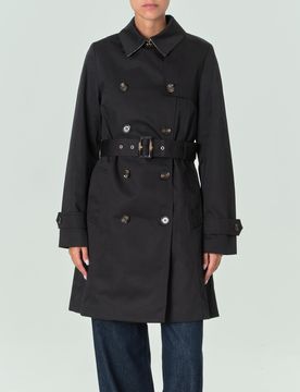 Trench Greta nero a doppiopetto con scollo a rever e fodera interna in tartan