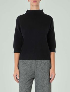 Maglia nera in misto viscosa panno stoffa con maniche tre quarti e collo alto