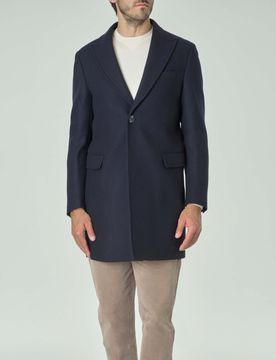 Cappotto blu in panno di lana con rever a lancia