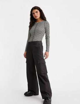 Pantaloni cargo neri in gabardina di cotone da vita media con tasconi laterali