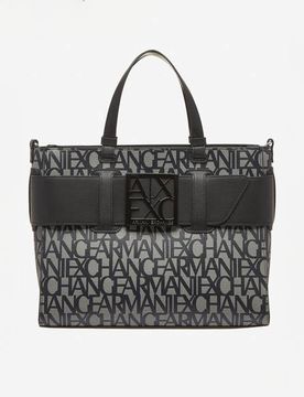 Borsa a mano nera misura grande Exchange in similpelle con scritta logo all over e maxi fibbia tono su tono
