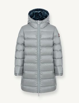 Piumino lungo color salvia in nylon trapuntato reversibile in tessuto celeste liscio con cappuccio fisso