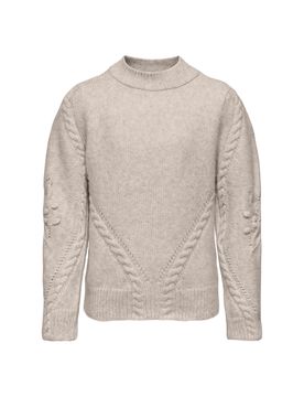 Maglia lupetto beige melange con motivo punzonato e a trecce davanti e sulle maniche