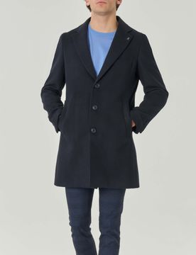 Cappotto blu in panno di viscosa stretch con chiusura a tre bottoni