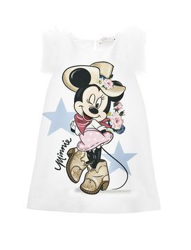 Abito bianco con giromanica in tulle e maxi stampa 'Minnie rodeo'