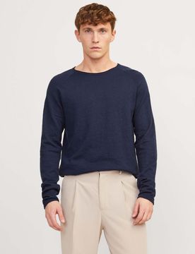 Maglia blu navy in cotone e lino fiammato regular-fit con maniche raglan e bordi arrotolati