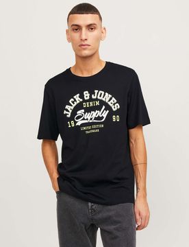 T-shirt nera regular-fit in puro cotone con stampa logo frontale in stile college frontale