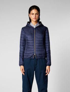 Piumino leggero blu-black in tessuto effetto raso con cappuccio fisso