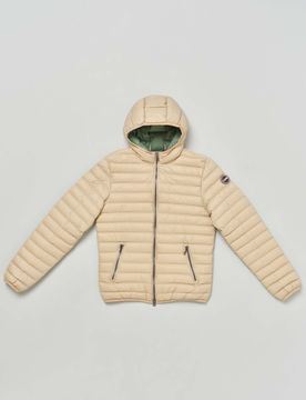 Piumino beige con cappuccio in nylon leggero imbottito in piuma