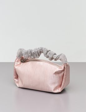 Borsa mini a mano rosa cipria in raso goffrato con manico rivestito in strass argento