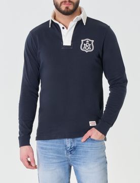 Polo blu manica lunga in pima cotton con colletto bianco
