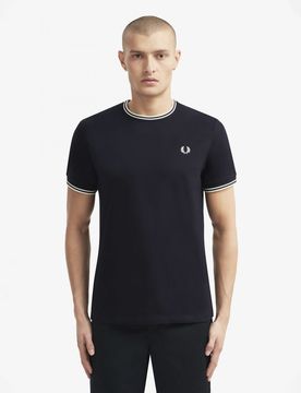 T-shirt blu mezza manica con bordino bianco