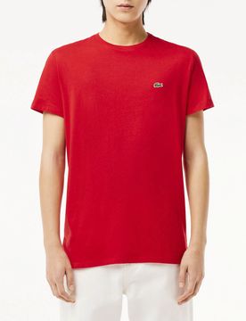 T-shirt rossa in pima cotton con logo coccodrillo verde