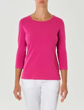 T-shirt fucsia in jersey di cotone stretch con maniche a tre quarti