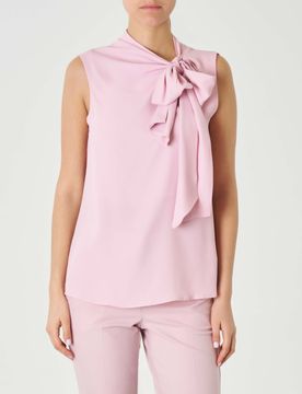 Blusa rosa cipria senza maniche in crêpe di misto seta con motivo a nodo e drappeggio