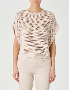 Maglia senza maniche color gesso in misto cotone a rete con pailettes Linea MONOCHROME