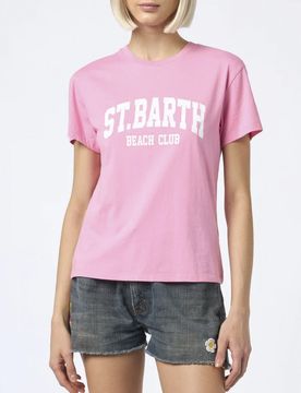T-shirt rosa in cotone con scritta St.Barth beach club stampata