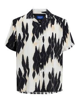 Camicia a mezze maniche relaxed-fit in viscosa a fantasia astratta bianca e nera