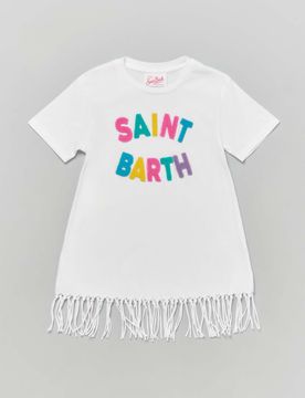 Abito copricostume bianco in cotone con frange e scritta in spugna colorata