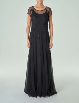 Abito lungo in tulle con ricami in perline tono su tono e sottoveste con spalline sottili