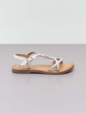 Sandali bianchi in pelle intrecciata con strass e cinturino