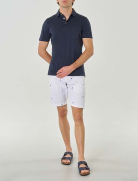 Polo blu mezza manica in cotone fiammato con taschino al petto