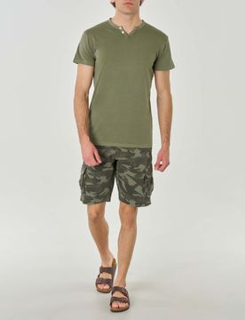 T-shirt serafino mezza manica verde militare in puro cotone