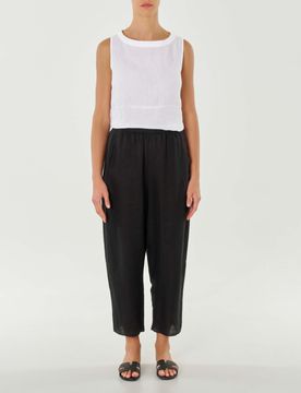 Pantaloni neri in puro lino dalla linea wide con elastico inserito in vita