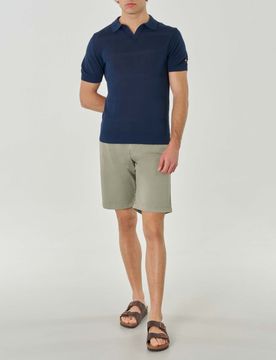 Maglia polo mezza manica blu in puro cotone con scollo a V e fantasia a righe tono su tono