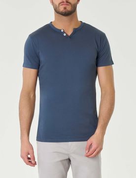 T-shirt serafino blu indaco mezza manica in cotone fiammato