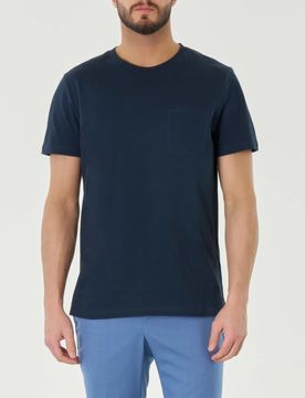 T-shirt blu mezza manica in puro cotone con taschino al petto