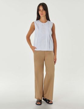 Pantaloni color sabbia a gamba dritta ampia in popeline con fascia elastica nel retro