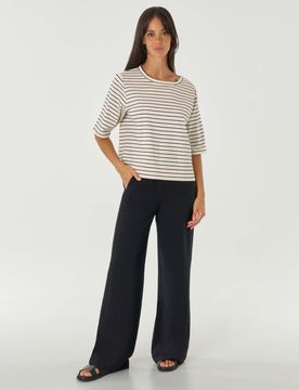 Pantaloni neri dalla linea ampia dritta a vita media in viscosa e lino con elastico in vita