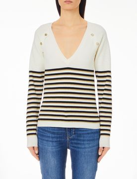 Maglia bianca a righe nere in misto viscosa con scollo a V con bottoni dorati a specchio