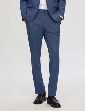 Pantalone blu slim-fit in misto viscosa stretch con motivo a mini pied de poule