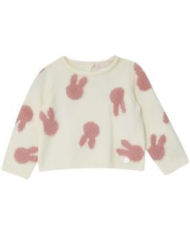 Maglia panna in misto viscosa con ricami coniglietto rosa