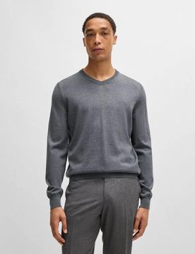 Maglia grigia con scollo a V in pura lana vergine