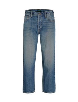 Jeans tapered wide-fit in puro cotone lavaggio medio con sabbiature