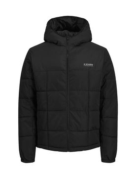 Piumino nero con cappuccio trapuntato a quadri con logo sul petto