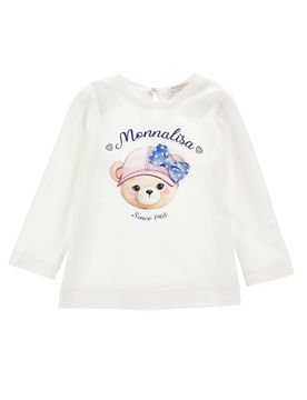 T-shirt bianca in cotone a maniche lunghe con stampa orsa logo
