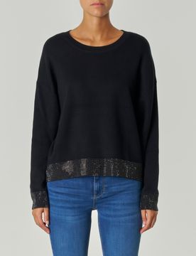Maglia nera in misto viscosa con inserto in strass sui polsini e lungo il fondo